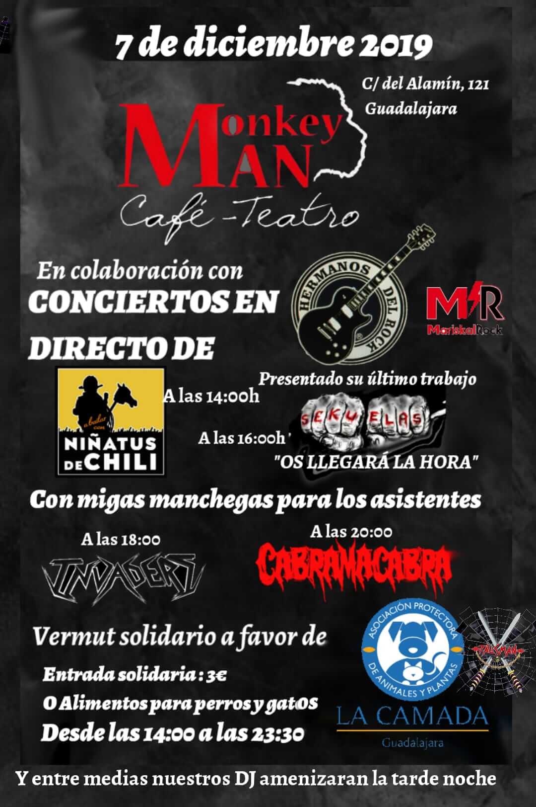 Vermú solidario y conciertos de Rock en Monkey Man a favor de los perros y gatos de La Camada